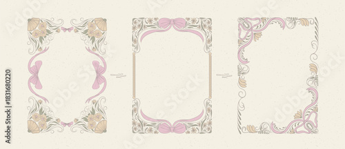 Coquette floral frame set with vintage ornamental borders. Pastel decorative designs with romantic flower patterns, ribbon bows, elegant swirls and art nouveau details for invitations or scrapbooking.