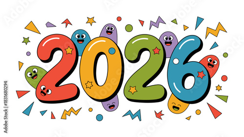 Playful Year 2026 Celebration: Vibrant digits and charming character embrace the new year with confetti of joy and happiness. A visual spectacle to welcome the future.