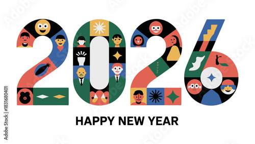 Colorful 2026: A vibrant and imaginative illustration of the year 2026, filled with symbolic imagery and a festive 'Happy New Year' message, evoking optimism and looking forward to the future.