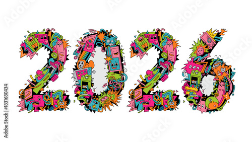Vibrant 2026: A colorful and imaginative artwork showcases the number '2026' through a multitude of quirky, cartoonish characters and vibrant designs, sparking curiosity and creativity