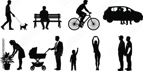 Daily routine activities people and transport silhouette set, man walking dog, family in car, cyclist, woman tending plant, stroller, and people standing vector.
