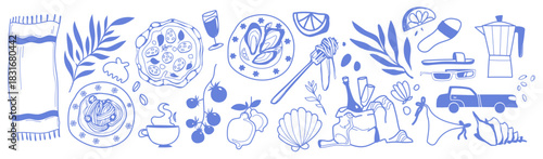 Italian summer beach doodle set with Amalfi sea elements - sketch vector collection of pasta dishes and coffee cups, citrus slices and leaves, seashells and coastal symbols in blue outline style.