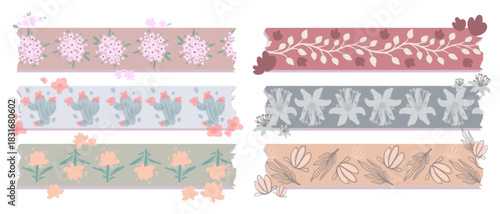 Floral washi tapes collection isolated on white background. Vector illustration of color strips with seamless hand drawn flower and plant pattern, organic scrapbook decor pieces with uneven torn edges