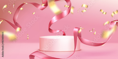 Pink podium stage with gold confetti and curved ribbon on pastel background. 3d winner platform display for award ceremony or product presentation. Festive celebration scene with shiny streamers.