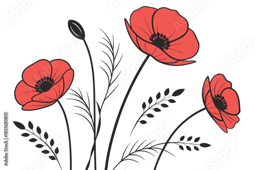 Stylized illustration of vibrant red poppies with slender dark stems