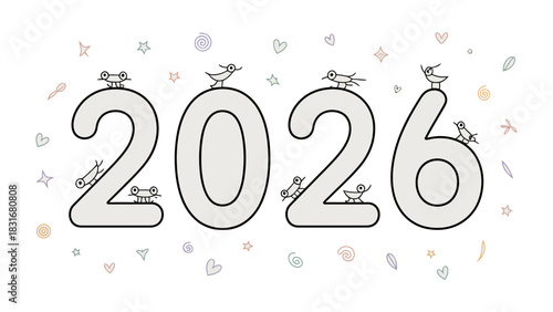 A Glimpse into the Future: Year 2026 with bird motif. A whimsical artistic rendering presents the upcoming year, adorned with playful birds and cheerful decorative elements. 