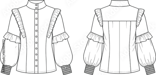 Detailed fashion technical flat drawing of feminine ruffled blouse with puff sleeves and structured collar for apparel design illustration use