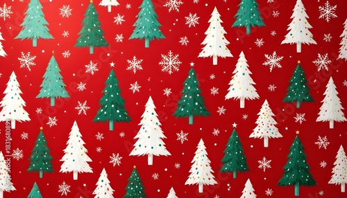red Christmas background with snowflakes and christmas trees,seamless pattern of christmas trees and snowflakes on red background,Christmas wrapping paper, Xmas pattern with ornaments.