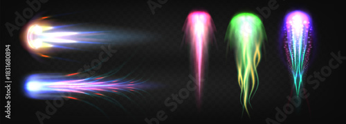 Space rocket fire trails set isolated on transparent background. Vector realistic illustration of neon light and smoke effect after jet missile flight, comet blast energy, spaceship launch speed