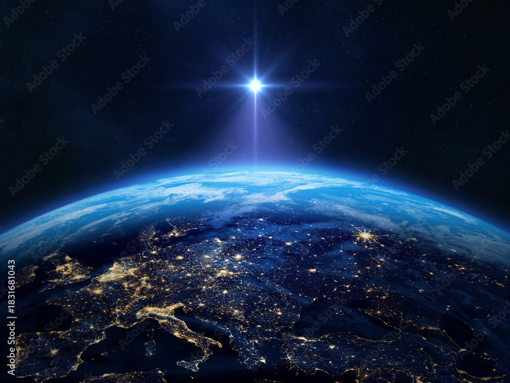 Obraz premium Nightly Earth planet. Star of Jesus or Christmas Star. Planet Earth in outer space. Star of Bethlehem. The star shines over the manger of Christmas of Jesus Christ. Europe at night. 