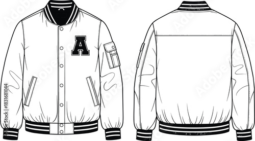 Detailed Technical Flat CAD Vector Illustration of a Classic Varsity Bomber Jacket Template, Front and Back Views, with Striped Rib Trims and Letterman Patch for Fashion Design 