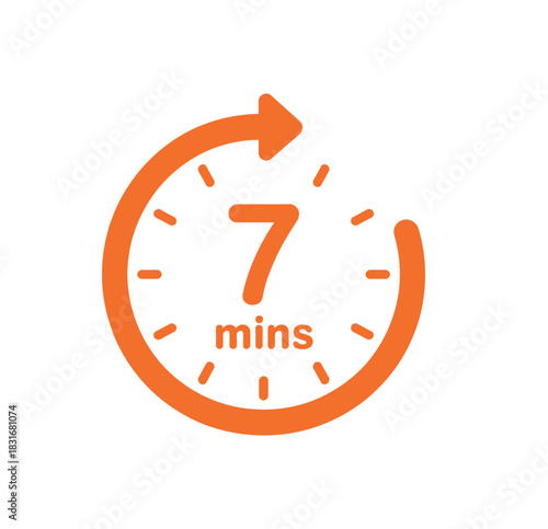 A simple orange clock icon indicates a time duration of seven minutes with an arrow suggesting completion or passage of time.