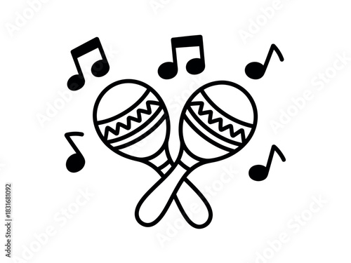 Two crossed maracas with musical notes floating around them represent rhythm and music.