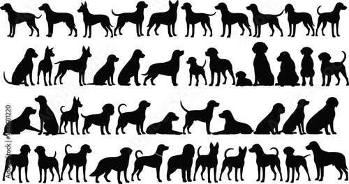 Diverse collection of dog breeds and poses silhouettes, set of domestic canine animals vector illustration, black shadow figures for pet care and logo design.
