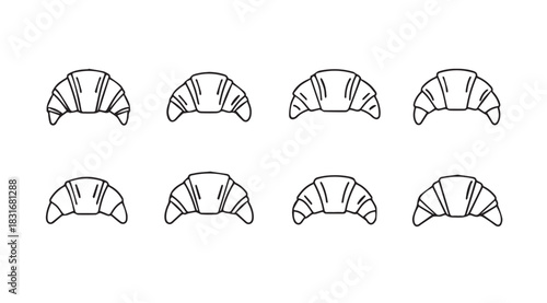 Collection of eight simple croissant illustrations in a clean silhouette style
