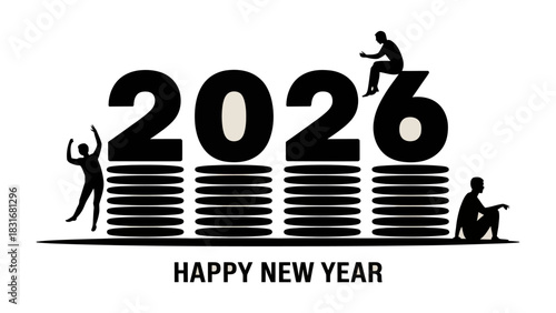 New Year's Vision: The image symbolizes growth, with silhouetted figures positioned around the numbers, with the inscription Happy New Year, looking into the future 