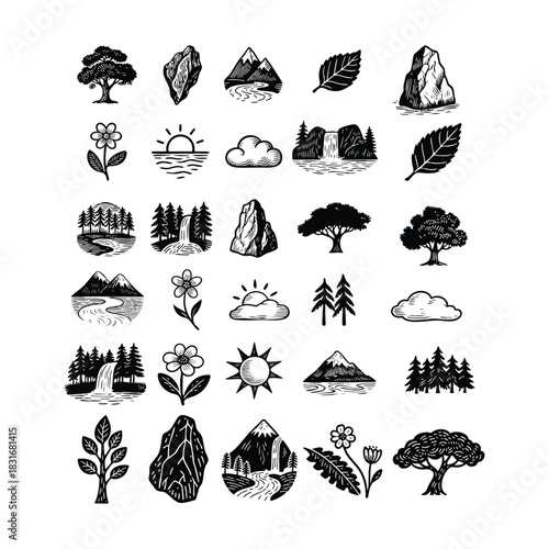 A large collection of detailed vintage-style woodcut illustrations featuring various classic natural landscapes and elements, including mountains, rivers, waterfalls, dense forests, individual trees