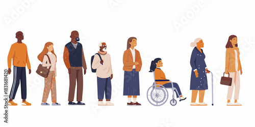 Diverse group of people standing in a line isolated on white