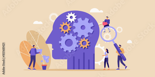 Teamwork and brainstorming concept people working together to solve problems with gears