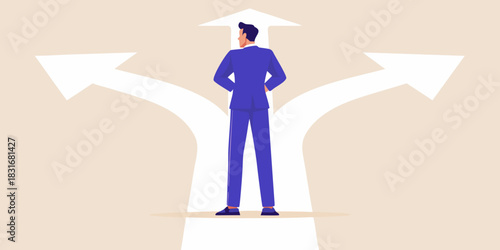 Businessman at a crossroads choosing the right path for success