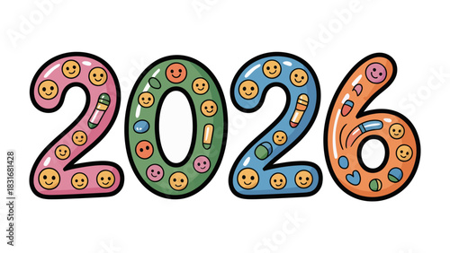New Year 2026: Celebrate the dawn of 2026 with a vibrant and whimsical illustration. The playful design is adorned with an assortment of charming emoticons and cute elements.