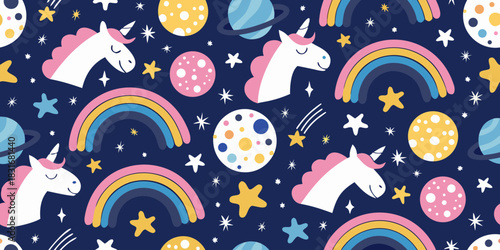 Cute unicorns rainbows planets and stars seamless pattern on dark blue background