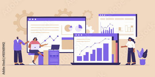 Team analyzing data and statistics on multiple screens business growth concept
