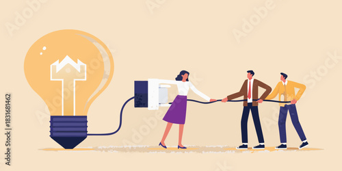 Teamwork connecting to a big idea plugging in a lightbulb with collaboration