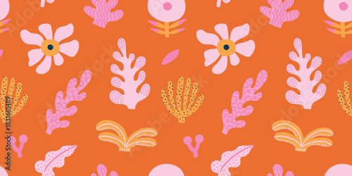 Seamless jungle tropical abstract pattern with palm tree leaves, pink flowers. Summer texture. Vector illustration. Orange background.