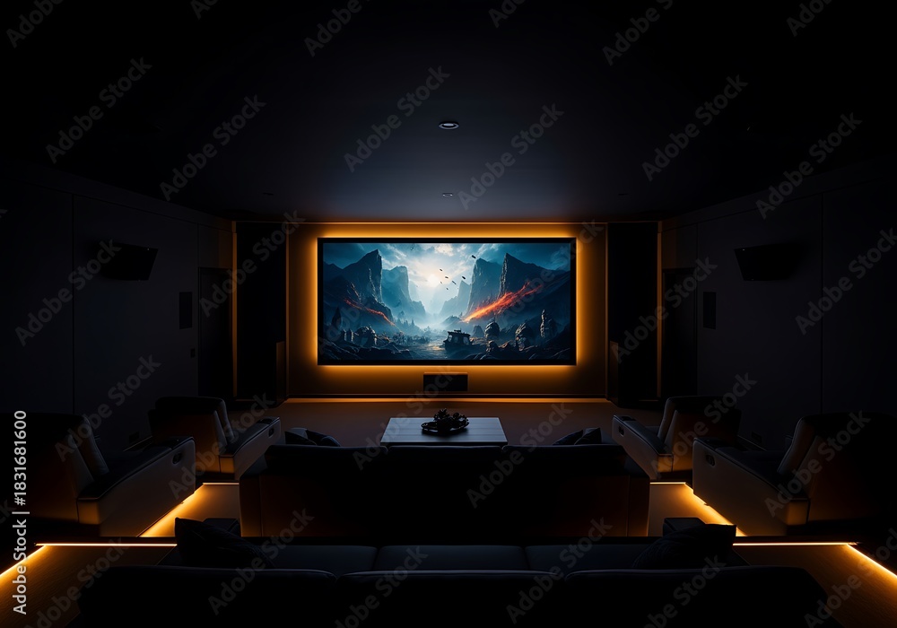 Fototapeta premium Home Theater Room with Large Screen Displaying Fantasy Art