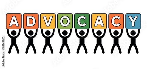 Diverse group of stick figures holding up colorful blocks spelling out ADVOCACY, representing unity and support for a cause.