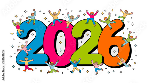 New Year Cheers 2026: A vibrant and celebratory illustration showcases the year 2026, surrounded by figures celebrating the new year with jubilant gestures