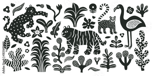 Jungle tropical abstract stickers set with palm tree, leaves, flowers, tiger, flamingo, leopard, lemur. Black and white silhouette illustration collection. Cute doodle style. White background.