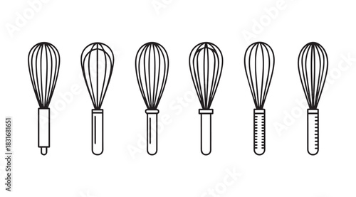 Collection of six different wire whisks in a clean silhouette style