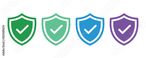 Four colorful shield icons with checkmarks symbolize security, safety, and validation.