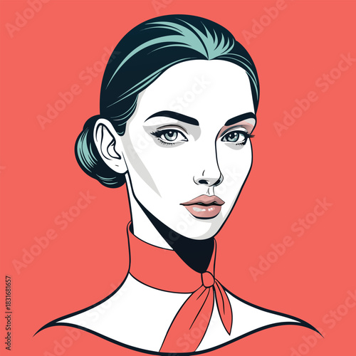 High fashion monoline female portrait with tied back hair