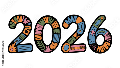 Year 2026: The vibrant year 2026 is showcased, intricately designed with a spectrum of colors, signifying a year full of possibilities.