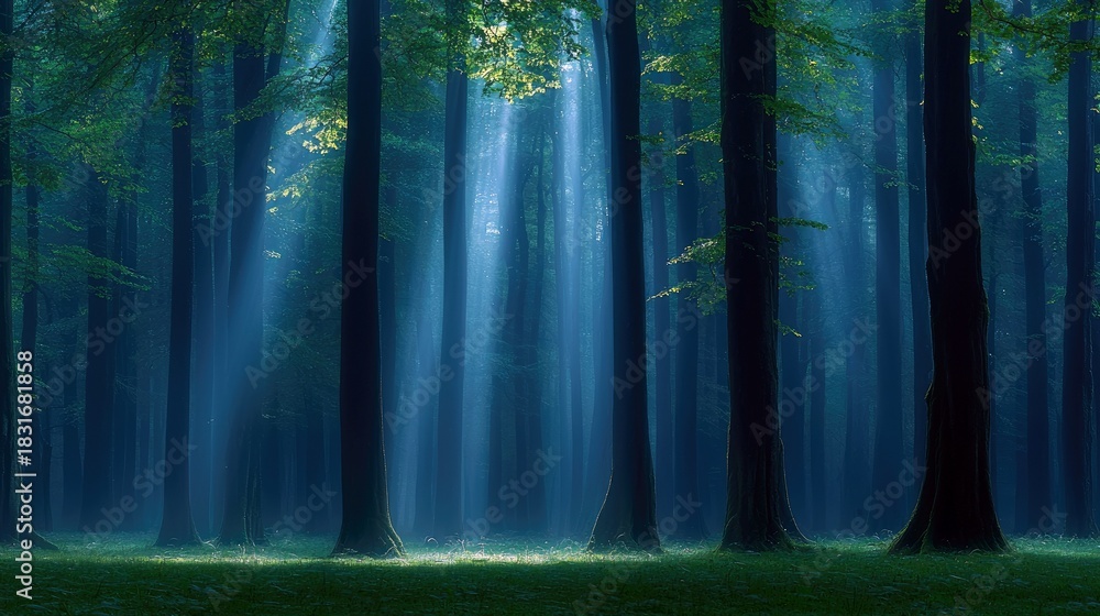 Fototapeta premium A mystical forest scene with tall trees, sunbeams, and a misty atmosphere.