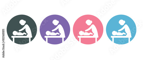 Four circular icons depict a person tending to a baby on a changing table in different colors.
