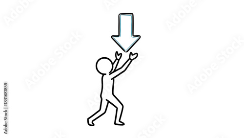 Simple line art figure bracing to receive or support a large downward arrow, illustrating concepts of impact, download, burden, or incoming information