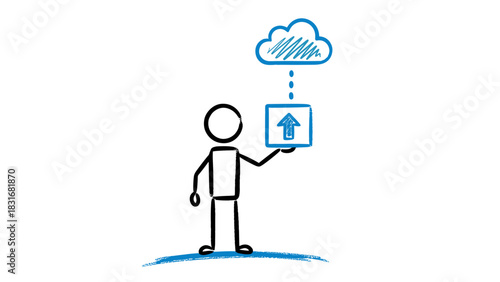 Stick Figure Uploading File to Cloud Storage Service Illustration
