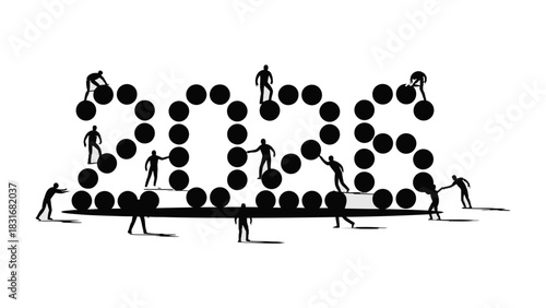 Building a Vision: Miniature figures collaborate to construct the numeric symbol 2025, embodying the spirit of innovation, teamwork, and collaborative progress.