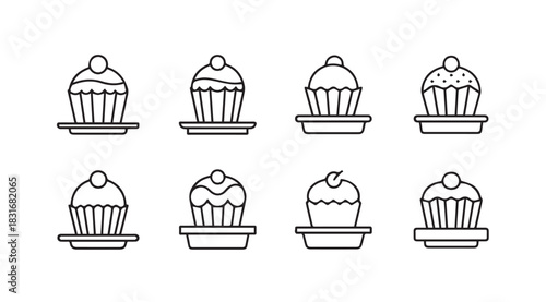 Collection of eight simple line art cupcake illustrations in silhouette style