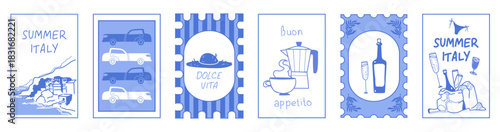 Summer Italy postcard stamp set with Amalfi coastal sketches in vintage blue style - Mediterranean beach landscape, retro cars, dolce vita hat, wine and coffee. Italian vacation themed cards