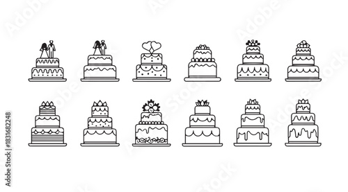 Collection of hand drawn wedding cake silhouettes in a linear style silhouette