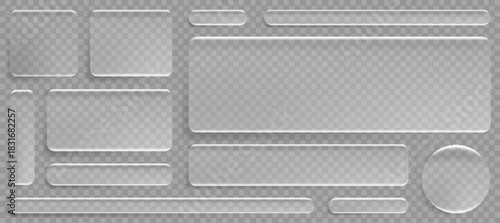 Liquid glass ui rectangle button collection with transparent frame effect - rounded corner boxes with frosted acrylic texture. Modern 3d interface design kit for overlay mockups or web elements.