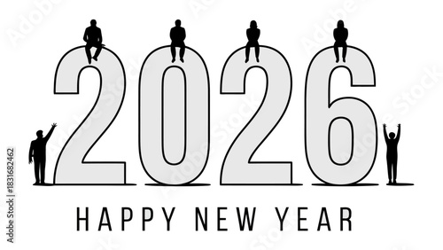 New Year 2026 Celebration: Creative composition to welcome the new year with large figures, and people silhouettes, and festive wishes