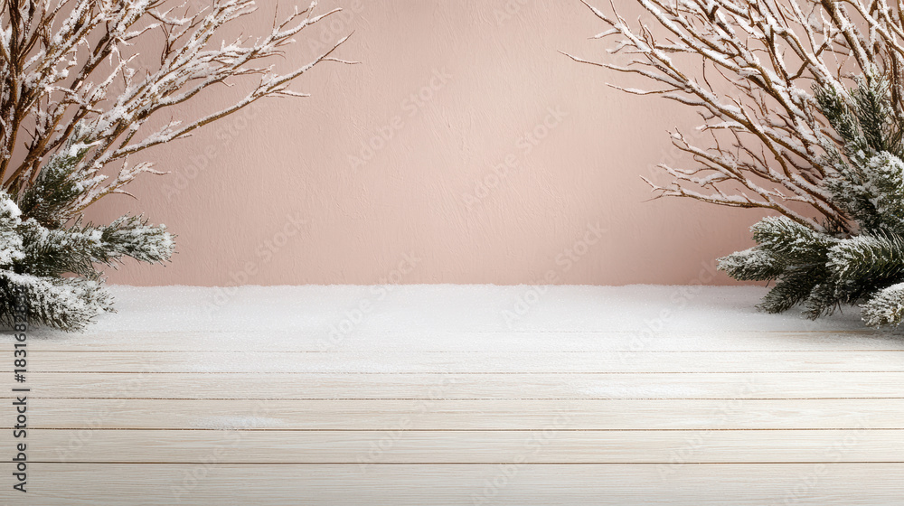 Naklejka premium Snow branch pine winter scene with pink backdrop and wooden table, serene holiday mood