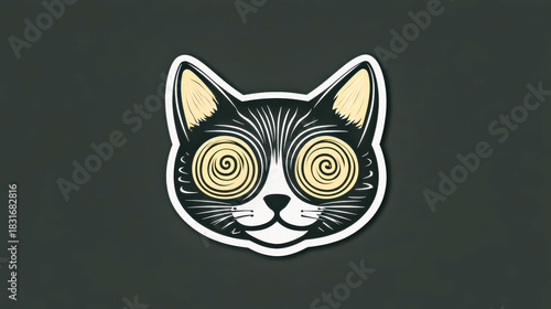 Illustration of a cat face with spiral eyes, set against a solid black background, providing ample copy space for creative use