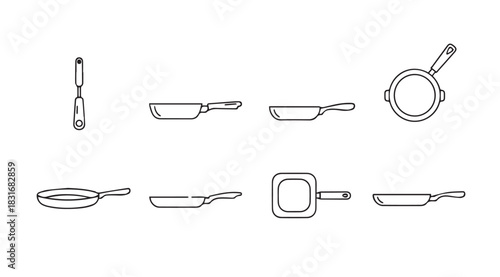Collection of various frying pan and skillet illustrations in a simple silhouette style